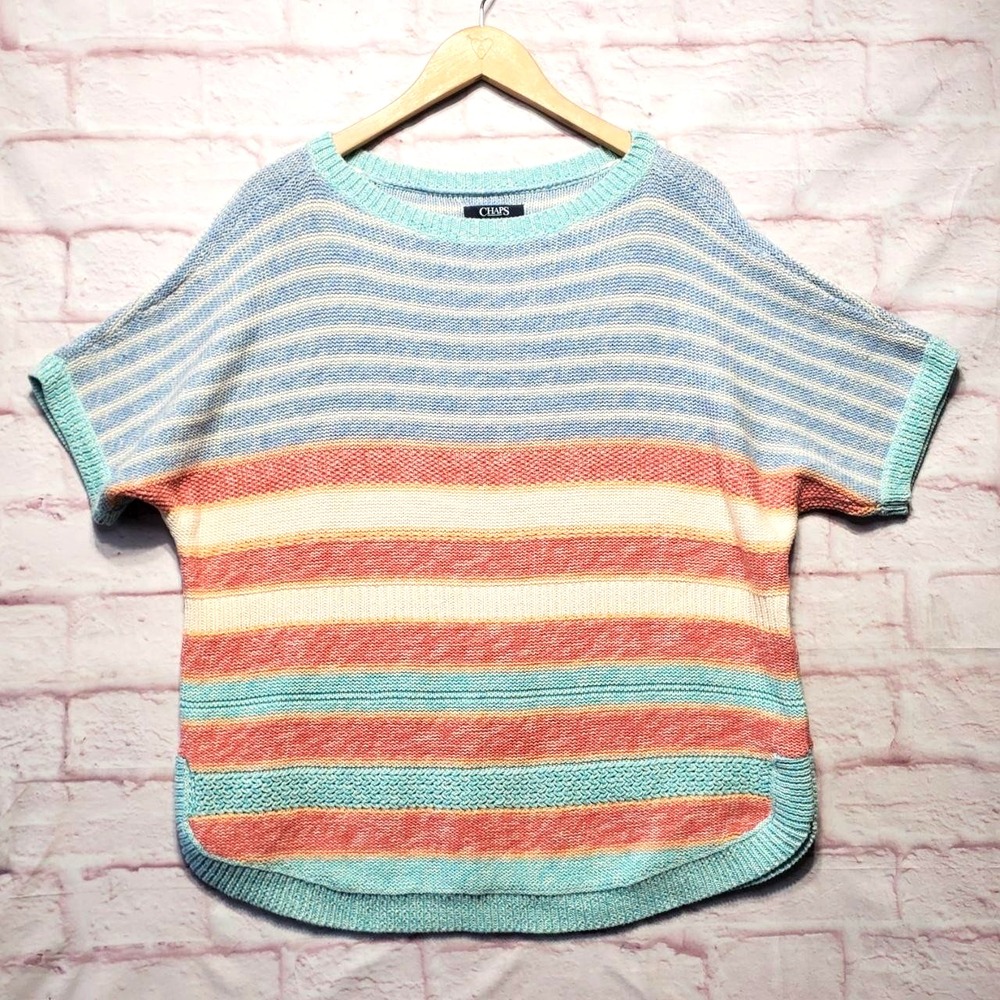 Chaps Pastel Striped Knit Sweater Top Short Sleeve Costal Cotton‎ Blend Womens L